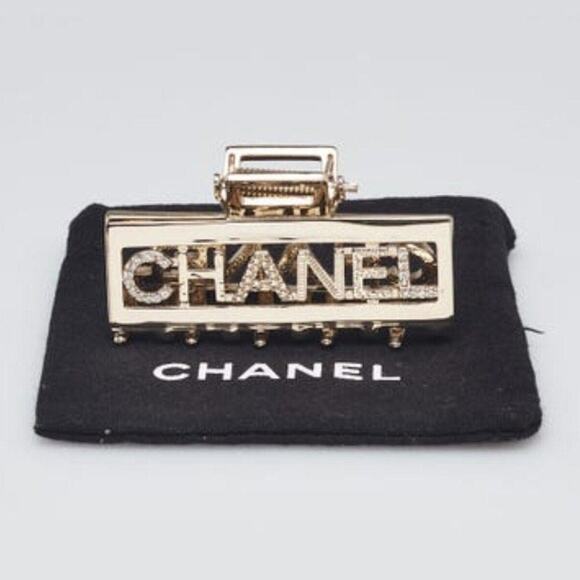 Chanel Goldtone Metal Crystal Logo Printed Hair Claw Clip main image 4